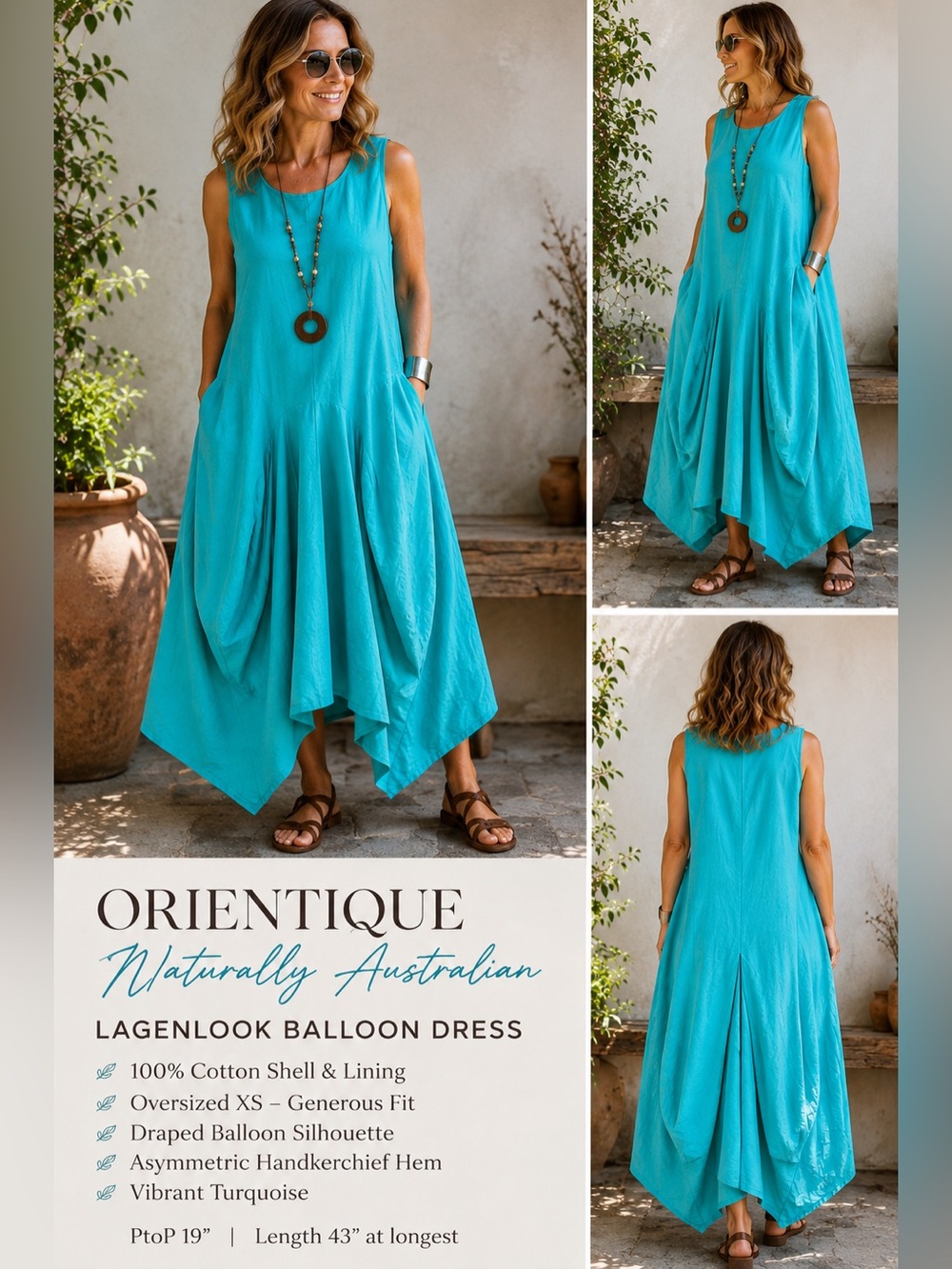 Orientique Naturally Australian Cotton Lagenlook Balloon Dress XS Turquoise